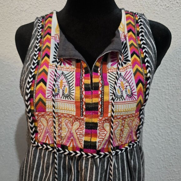 Entro Womens Sleeveless Striped Embroidered Tunic Dress S 100% Cotton Multicolor - Picture 1 of 7